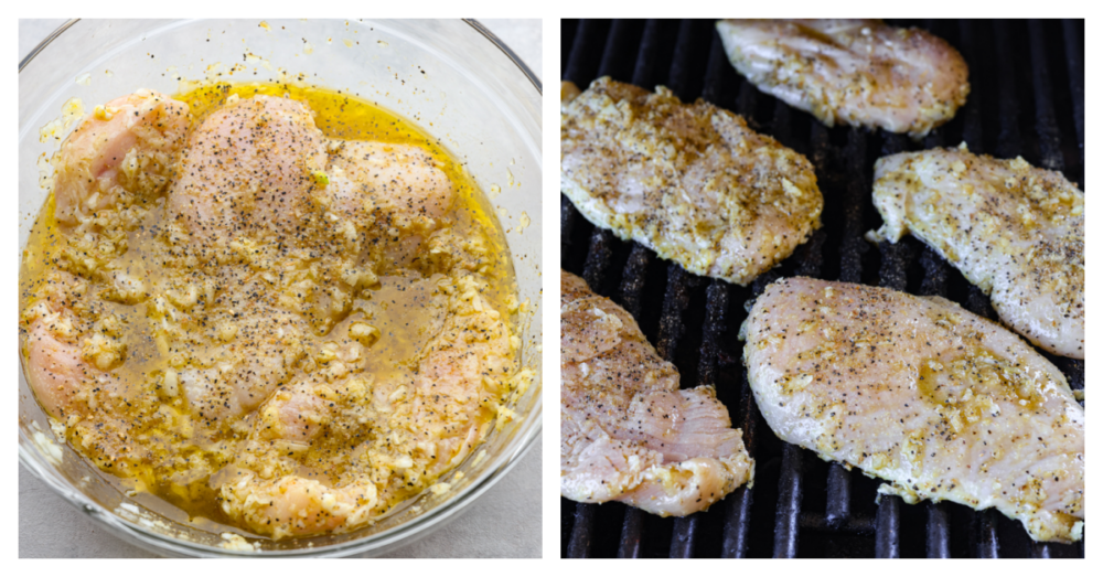 This grilled lemon pepper chicken is the perfect summer grilling recipe! This juicy chicken is packed with lemon, garlic and onion flavors that will make your mouth water and keep you coming back for more! 2 pictures. 1 showing how to add the lemon to the marinade and then the other showing marinated chicken on the grill.