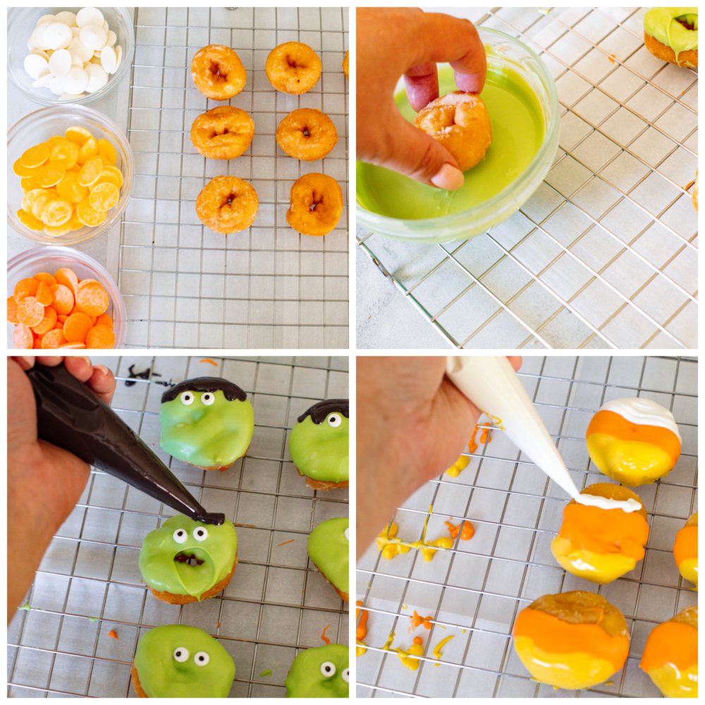 If you are looking for simple and easy instructions on decorating mini Halloween donuts, then you are in luck! Candy corns, pumpkins, and Frankenstein will grace the presence of your Halloween party this year with these decorated donuts! 4 pictures showing how to decorate mini donuts to be Frankenstein and candy corns.