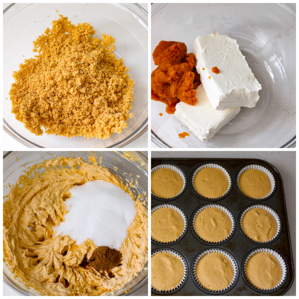 These mini pumpkin cheesecakes are the perfect dessert for any fall gathering! Individual-sized and full of pumpkin flavor, they are everything you love about pumpkin pie and cheesecake all in one. These mini desserts are sure to be your new holiday tradition. 4-photo collage of cheesecake ingredients being mixed together and added to a muffin tin.