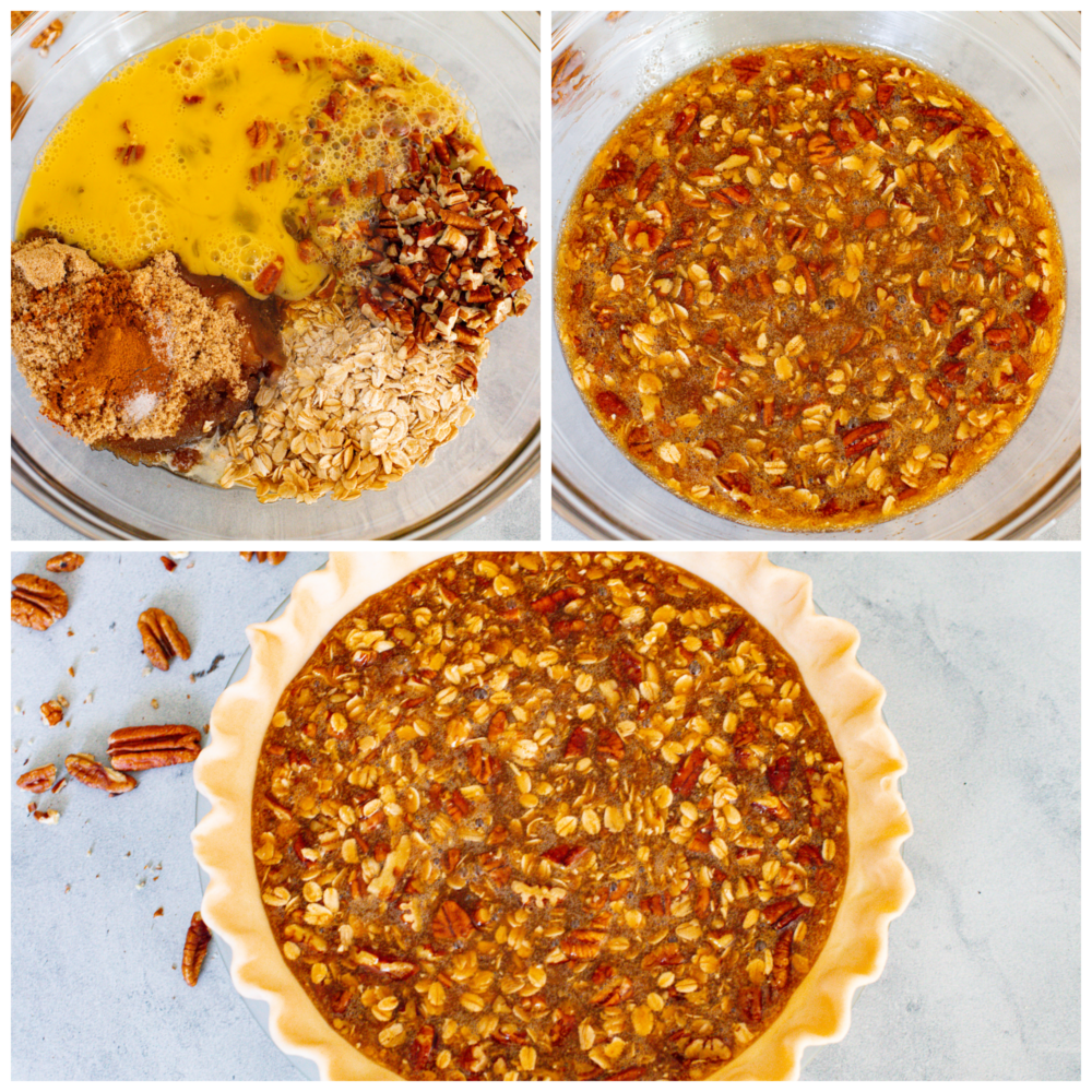 If you love pies, then this delicious and unique oatmeal pecan pie is for you! And if you haven't made a pie before, do not fear... this recipe really is so easy! 3 pictures showing how to make the filling and add it to a pie crust.