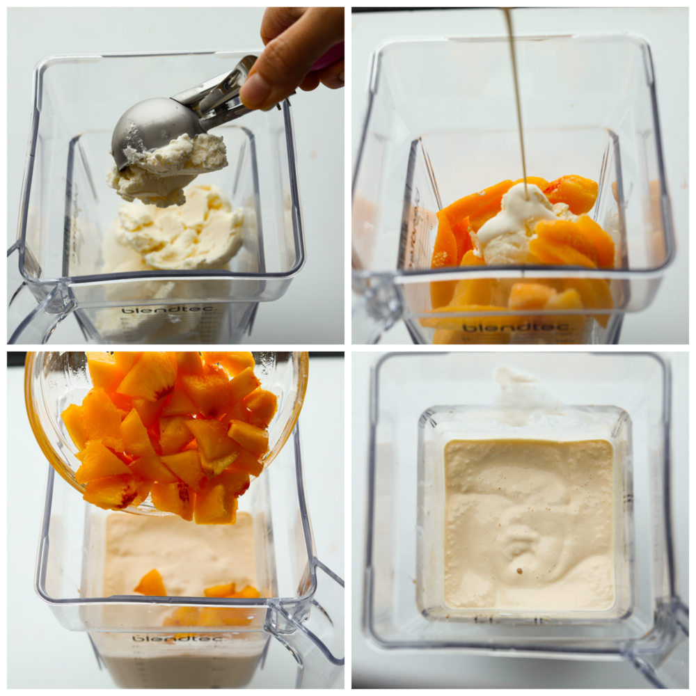 Chick-fil-A's peach shakes are the best summer treat! Now you can enjoy this delicious seasonal drink all year long with this quick and easy copycat recipe. It's too creamy and indulgent to pass up! 4-photo collage of various ingredients being added to a blender.