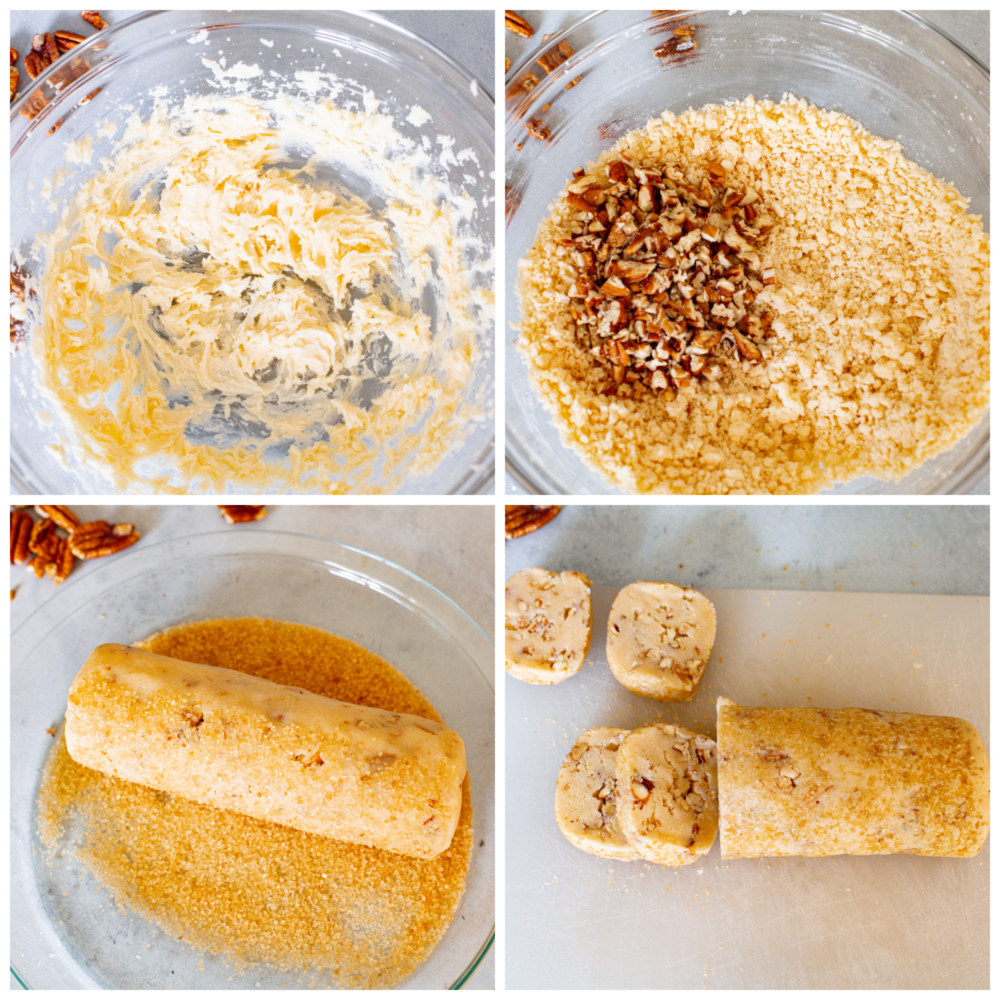 These pecan shortbread cookies are insanely delicious! They melt in your mouth with their fall-apart texture and sweet taste. The added texture of a crunchy pecan makes these practically perfect! 4 process pictures showing how to make the dough, form the dough and cut slices of pecan shortbread cookies.