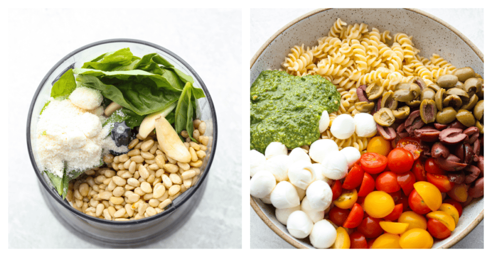 This pesto pasta salad is loaded up with fresh mozzarella, and juicy tomatoes, coated with an easy-to-make homemade pesto sauce made with fresh basil and garlic. It's so fresh and delicious! 2 pictures. the first one showing the pesto ingredients in a food processor and the second picture is a bowl with the pasta salad ingredients ready to be mixed.