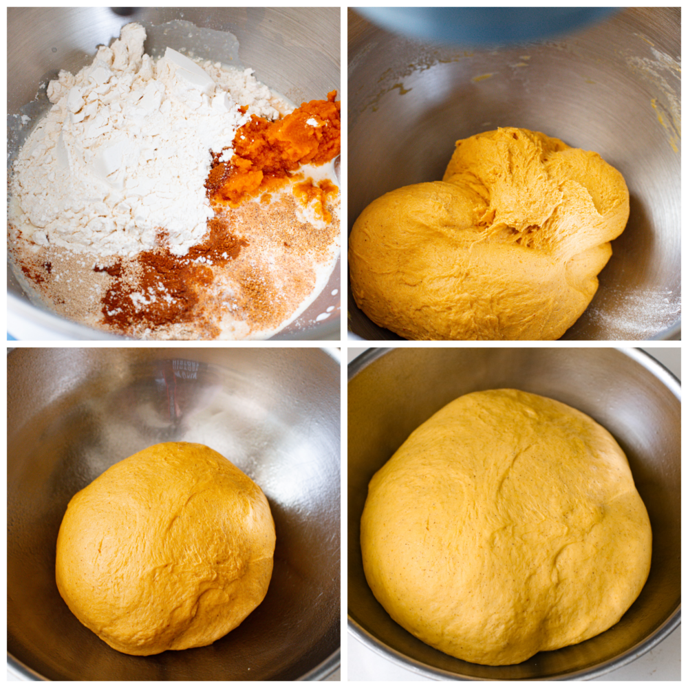Pumpkin cinnamon rolls are filled with a delicious brown sugar filling and smothered in homemade cream cheese frosting. Soft, fluffy and so perfect for fall! 4-photo collage of dough ingredients being mixed together.