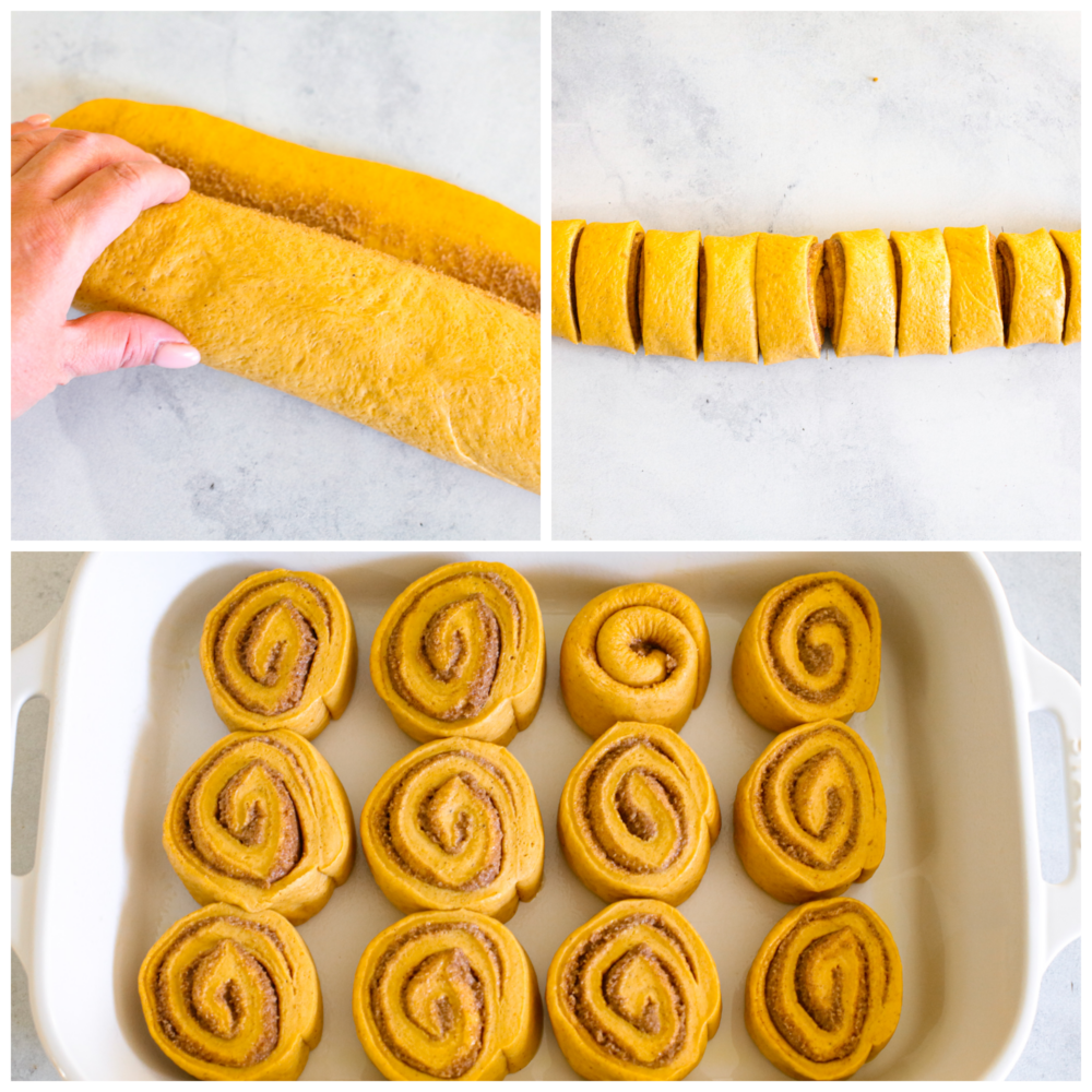 Pumpkin cinnamon rolls are filled with a delicious brown sugar filling and smothered in homemade cream cheese frosting. Soft, fluffy and so perfect for fall! Pumpkin cinnamon roll dough being rolled and cut into slices.