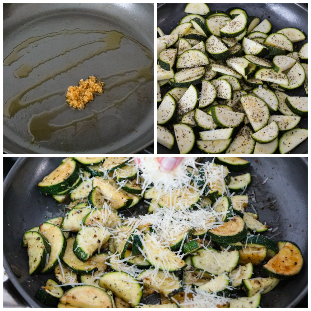 Sautéed zucchini is a fresh and simple side dish bursting with cheesy Italian flavors. Garden zucchini is sautéed in olive oil and fresh garlic, perfectly seasoned with Italian herbs, and then topped with parmesan cheese. Three process photos of how to make sautéed zucchini. First photo is a skillet with olive oil and garlic. The second photo is the sliced zucchini and seasonings added to the skillet. The third photo is a the parmesan cheese being sprinkled on top of the sautéed zucchini.