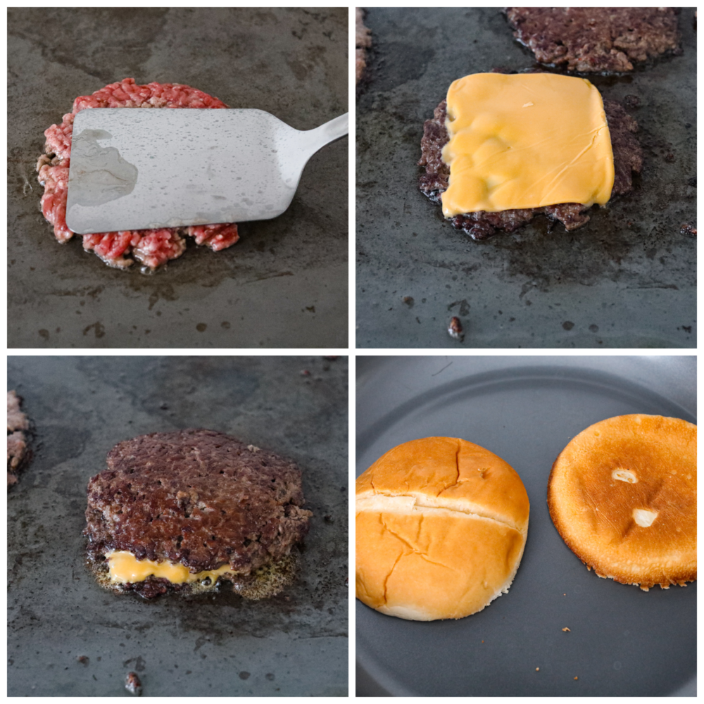 I love a good burger! Smash burgers are easy to prepare and come together so fast. If ever I'm craving a good old-fashioned burger, these smash burgers are my go-to recipe! 4 process photos of cooking the burgers. First photo is the spatula smashing the meat to be flat. Second photo is a cooked burger with cheese melting on top. Third photo is two patties layered on top of each other with cheese in middle. Fourth photo is the buns toasting in a skillet.