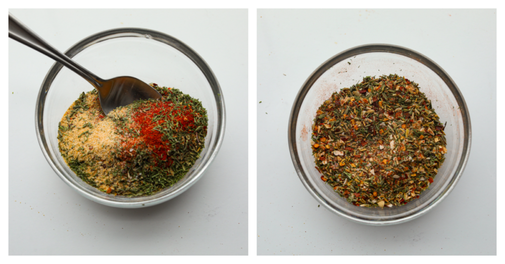 Get ready to add the most delicious flavor to your meat with this amazing steak seasoning! It packs a punch of flavor with garlic, onion, and herbs and will elevate any steak you cook! 2 pictures showing how to mix up the steak seasoning.
