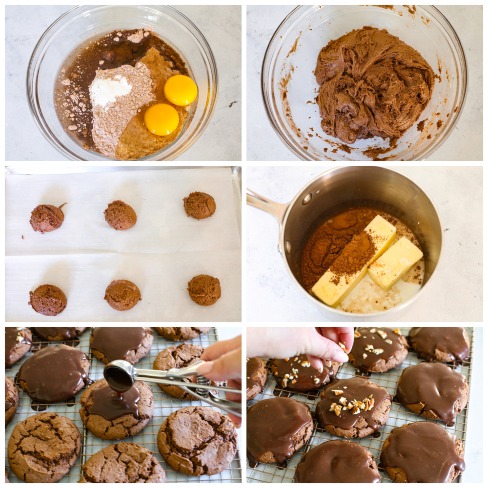 These fudgy, ooey-gooey Texas sheet cake cookies are every chocolate lover's dream! They are supremely moist and made with super simple ingredients for an anytime treat! 6-photo collage of cookie batter being prepared, shaped, and baked.