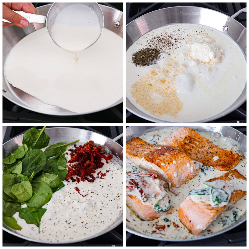 Creamy Tuscan garlic salmon is an easy 30-minute restaurant-quality meal. The pan-seared salmon gets smothered in the most amazing creamy Tuscan garlic sauce with sun-dried tomatoes and spinach. This is one unforgettable meal! 4 pictures showing how to cook salmon fillets in the sauce.