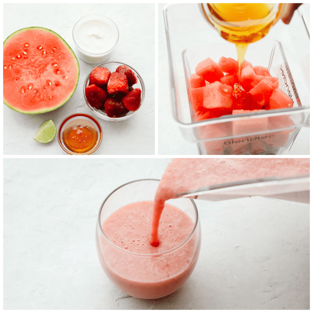 Find out what summer tastes like by drinking a sip of this watermelon smoothie! It's juicy, sweet, and made from the most delicious and flavorful fruit of the season... watermelon! 3 pictures showing how to add ingredients to a blender and mixx them all together.