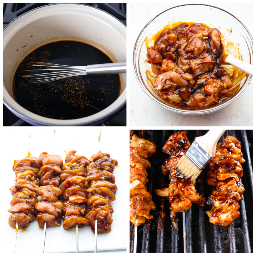 Yakitori chicken skewers are juicy and perfectly charred, topped with a sweet and smoky glaze. Inspired by Japanese street food, they'll be the best thing you grill this summer! 4-photo collage of chicken being marinated and grilled.