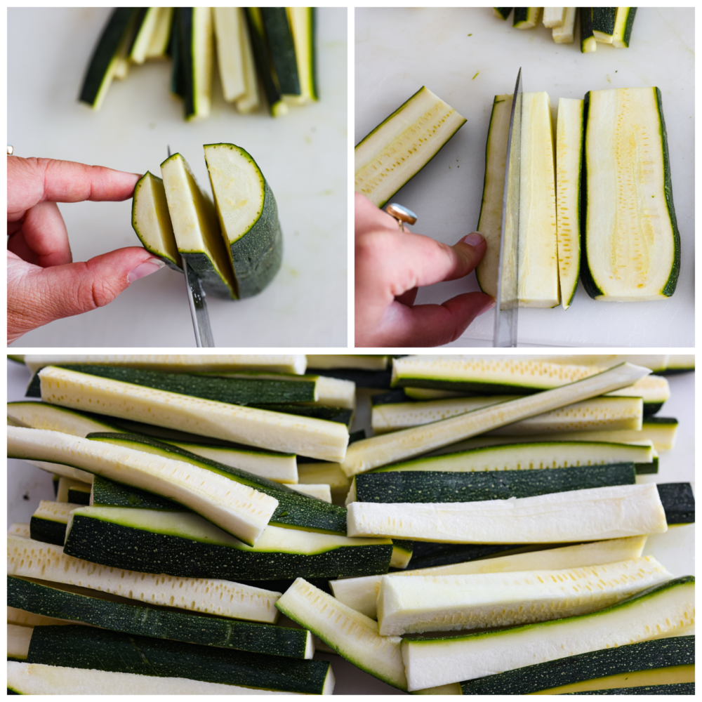 Baked zucchini fries are crispy on the outside with a crunchy, seasoned crust and tender zucchini inside. It's hard to stop after just one! 3-photo collage of zucchini being prepared.