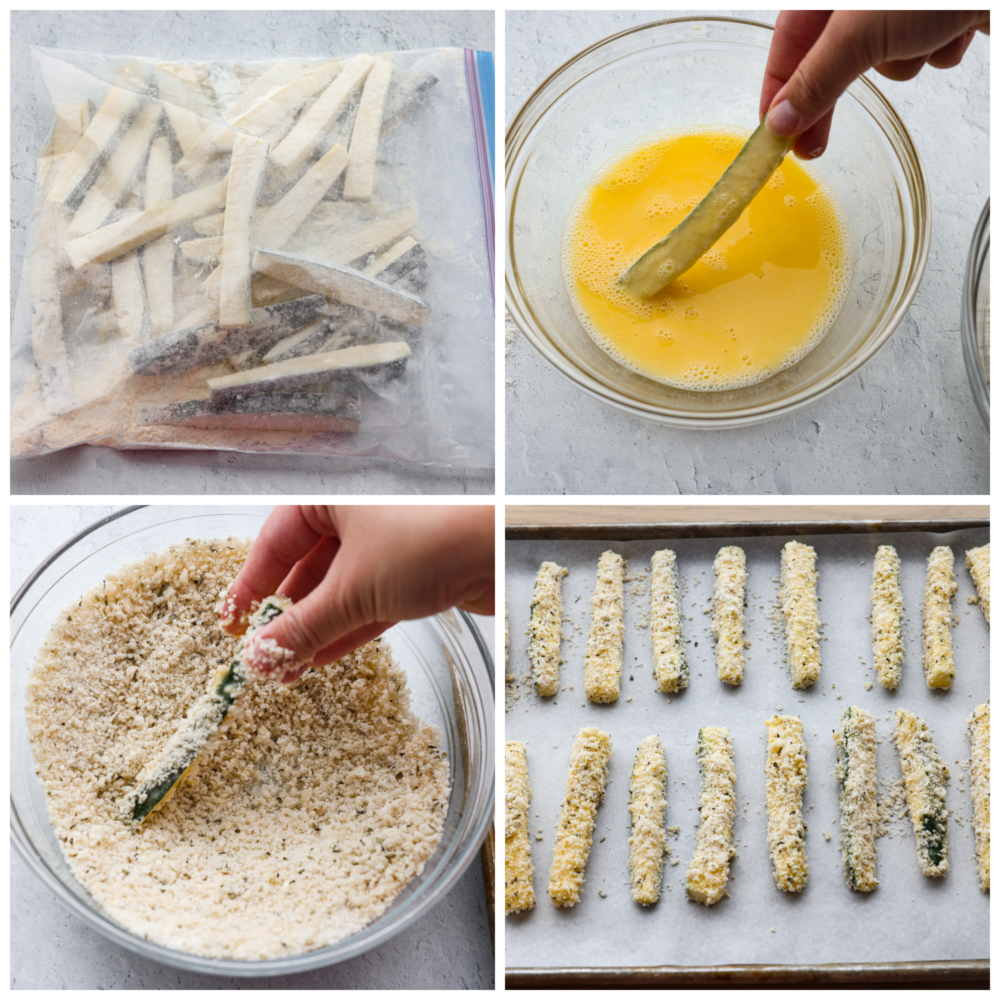 Baked zucchini fries are crispy on the outside with a crunchy, seasoned crust and tender zucchini inside. It's hard to stop after just one! 4-photo collage of zucchini fries being battered.