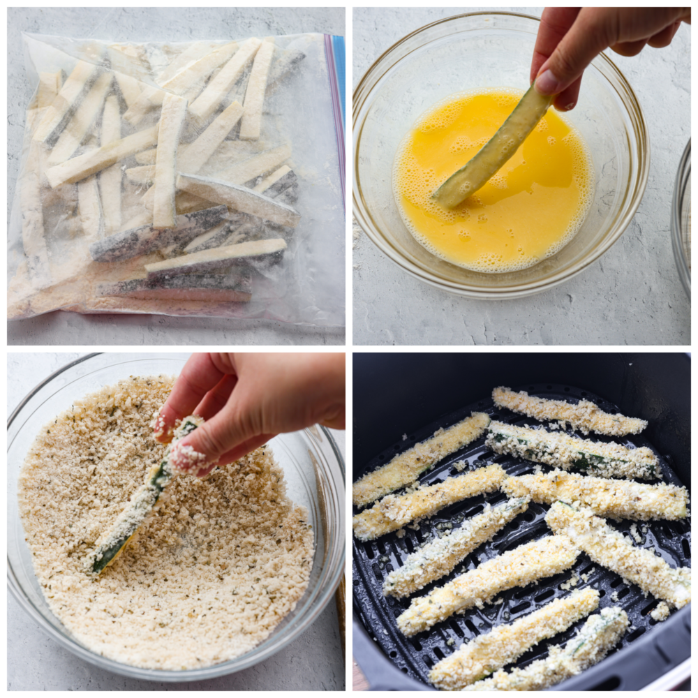 Air fryer zucchini fries are a low-carb, keto-friendly snack that's ready in minutes! Crispy and cheesy on the outside, tender on the inside, this is the best way to use up your leftover summer zucchini. 4-photo collage of zucchini pieces being battered.