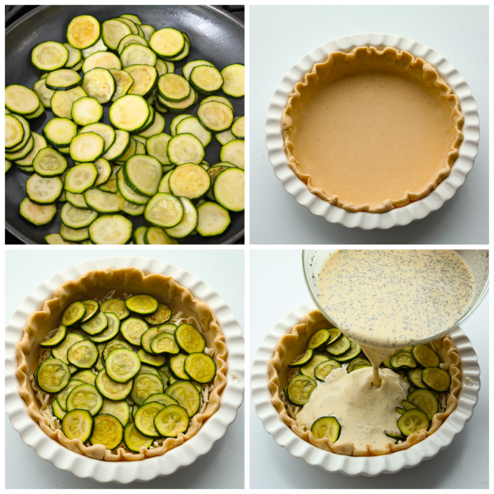 This delicious zucchini quiche has a creamy savory egg mixture baked in a perfectly flaky crust. Layers of melted cheese and zucchini make the texture of this quiche cheesy and flavorful. 4 pictures showing how to cook zucchini, add it to a pie crust and then pour on the sauce.