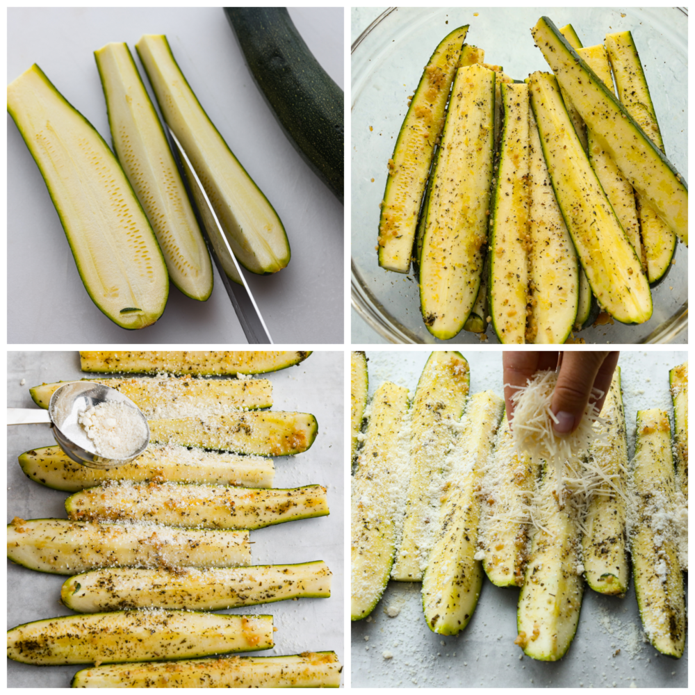 If you're looking for the best way to use up all that summer zucchini, this is it! Quick and easy zucchini spears coated in parmesan and garlic and roasted in the oven to perfection. 4-photo collage of zucchini being cut into pieces and seasoned with parmesan and garlic.
