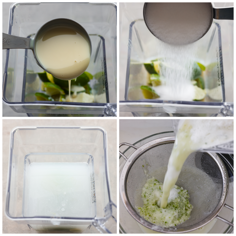 Brazilian lemonade is a 4-ingredient drink that is tangy, creamy, and refreshing! It’s the perfect mix of tart and sweet and will have your family hooked after first sip. 4-photo collage of Brazilian lemonade ingredients being blended and strained.