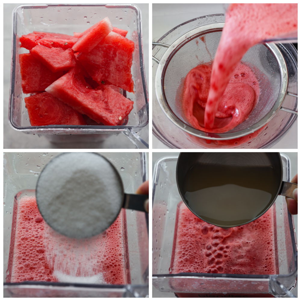 Juicy, sweet, and just a little bit sour, this sparkling watermelon lemonade is the most refreshing summer drink. Serve it at your next get-together and I promise it will be a huge hit! 4-photo collage of drink ingredients being added to a blender.