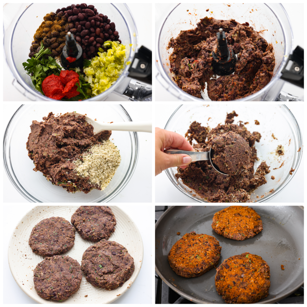 The tender meat-like texture of this black bean burger is packed with incredible flavor. Black beans blended in a mixture of veggies, flavorful herbs, and panko breadcrumbs create an amazing black bean burger that will impress everyone. Six process photos of how to make a black bean burger. The first photo is a top view of the black beans, cilantro, tomato sauce, spices, and sautรฉed vegetables added to a food processor. The second photo is the blended ingredients. The third photo is the panko breadcrumbs being stirred in. The fourth photo is scooping the bean mixture out of the bowl to form a patty. The fifth photo is formed patties on a white plate. The sixth photo is the black bean burgers cooking in a large gray skillet.