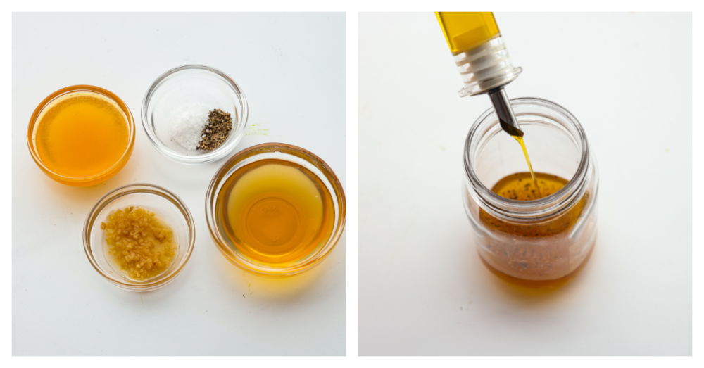 Apple cider vinaigrette is a staple dressing for adding a burst of bright, tangy flavor to your favorite salads. Make it from scratch and you won’t want it any other way! 2-photo collage of dressing ingredients being combined.