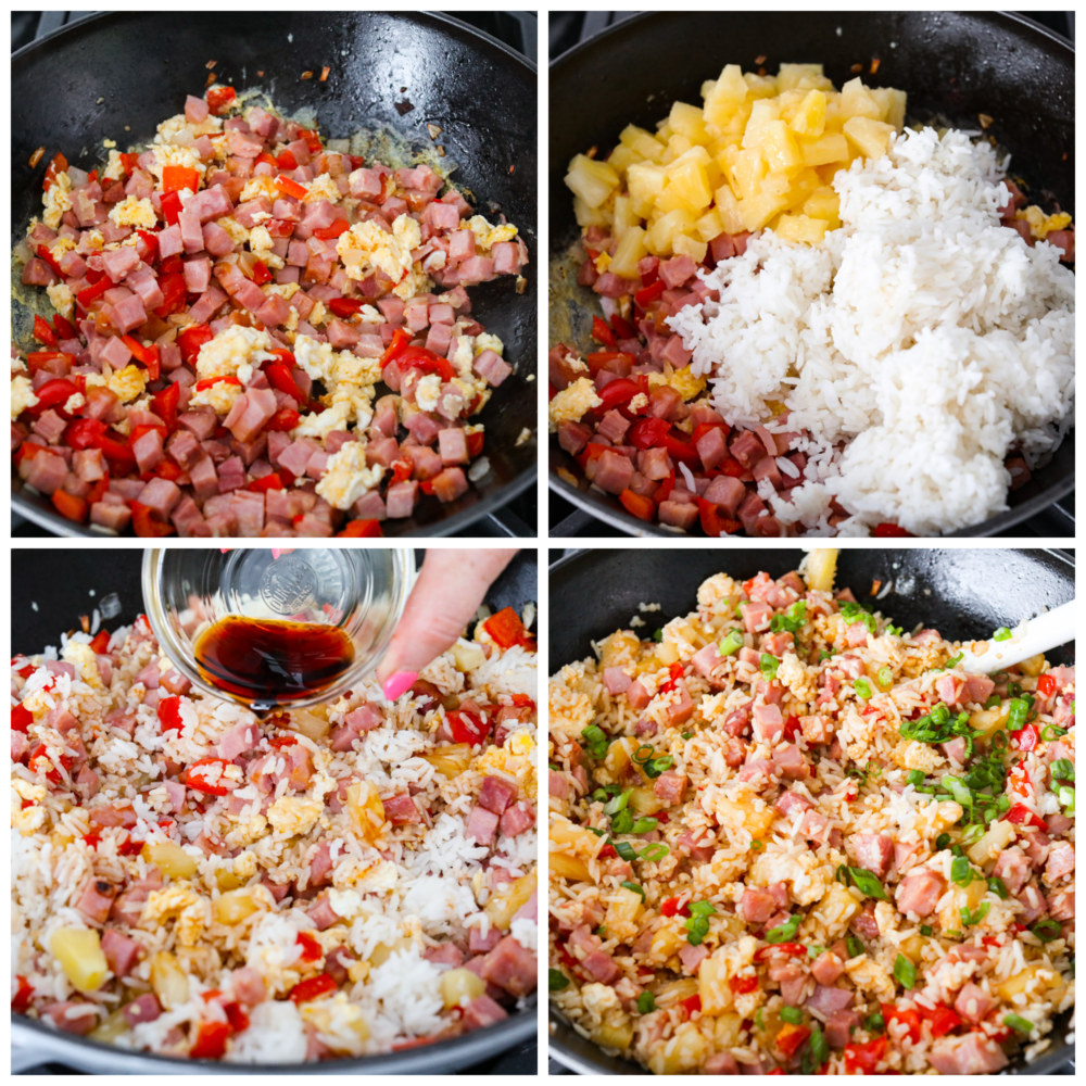 This Hawaiian fried rice is loaded with sweet pineapple, ham, and veggies and is so much better than takeout! Everyone goes crazy over this meal, and it's definitely a family favorite! 4 pictures showing how to mix the ingredients in a skillet and combine them together.