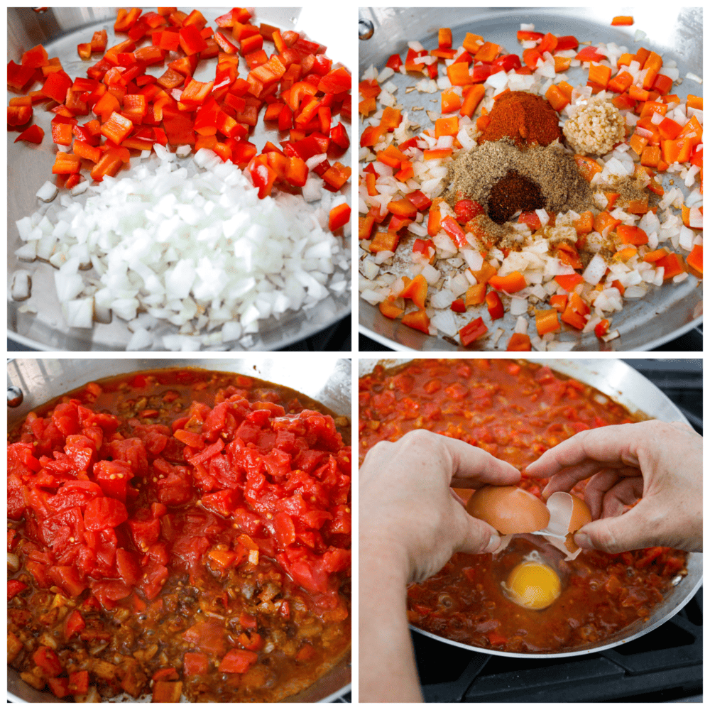Shakshuka is an amazing one-pan meal consisting of poached eggs in a savory tomato sauce seasoned with flavorful herbs and spices! It's so simple but incredibly delicious! You'll love the bold and bright flavors inspired by North African cuisine. 4-photo collage of shakshuka ingredients being added to a pan and simmered together.