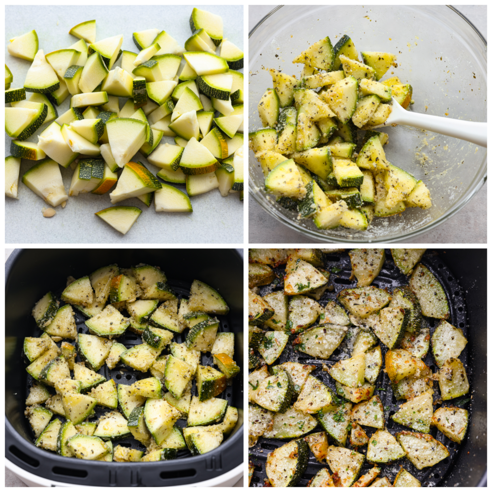 If you have never cooked air fryer zucchini, then you are in for the tastiest treat! It's perfectly seasoned with Italian seasonings and parmesan cheese and cooked to perfection! 4 pictures showing how to season zucchini and add it to the basket of an air fryer and cook it.