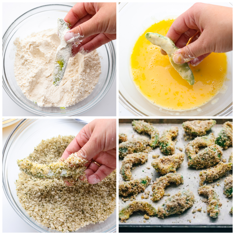 Crispy-baked avocado fries are coated in seasoning and a crunchy garlic panko crust and then baked to crispy perfection! These are so delicious and easy to make that you will want to pair them with every meal! 4 pictures showing how to dredge avocados and coat them with breadcrumbs.