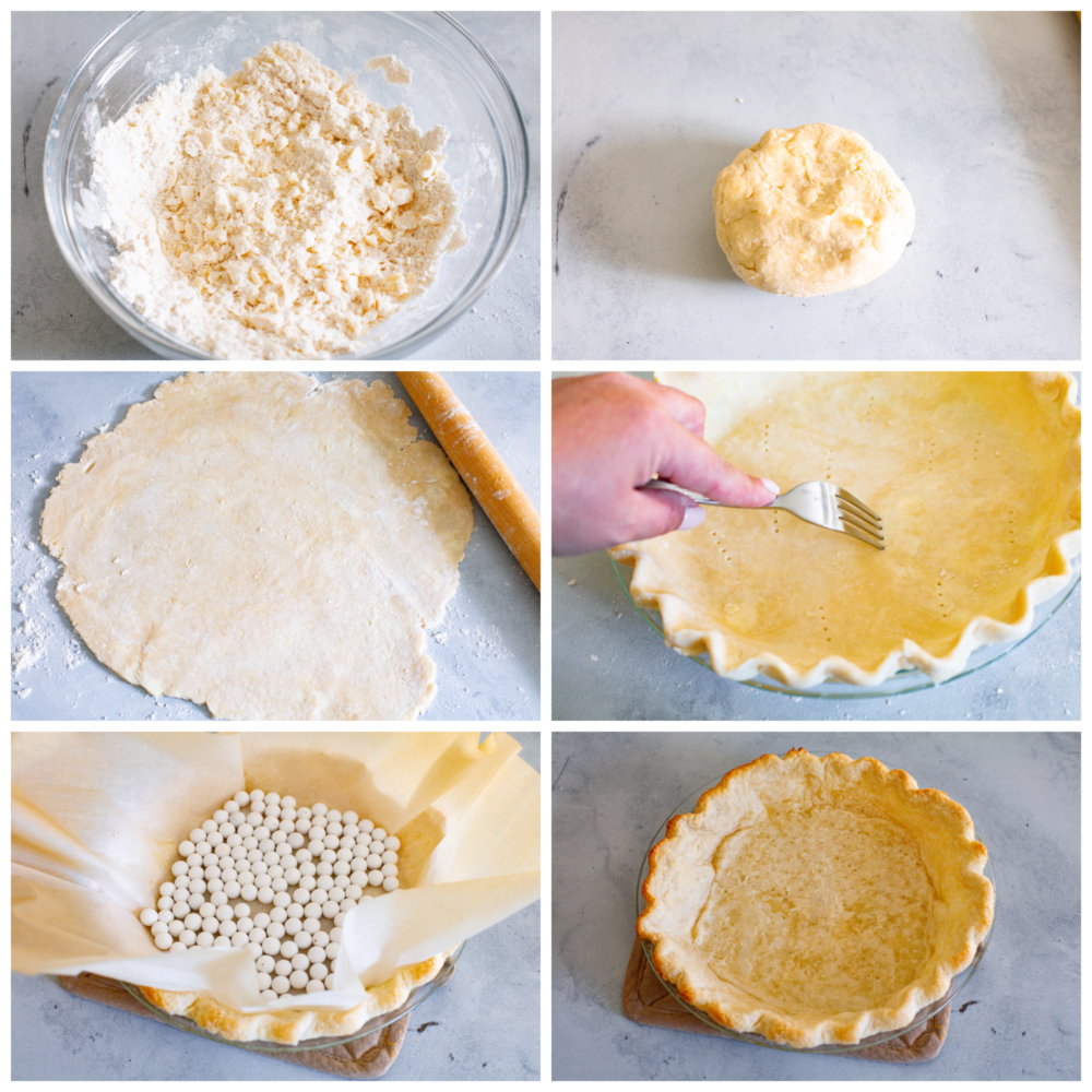 Blind baking a pie crust is key to the perfect pie. I'm going to show you how to do it and why it's so important! 6-photo collage of pie crust ingredients being mixed together and then par-baked using pie weights.