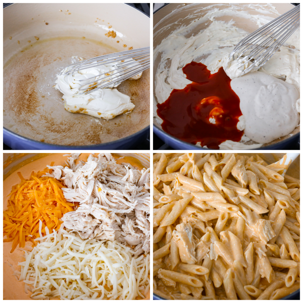 Get that classic buffalo flavor and combine it with some chicken and pasta, and you have yourself a mouthwatering entree that everyone will go crazy over! 4 pictures showing how to make creamy buffalo sauce and add in the cheese, chicken and cooked pasta.