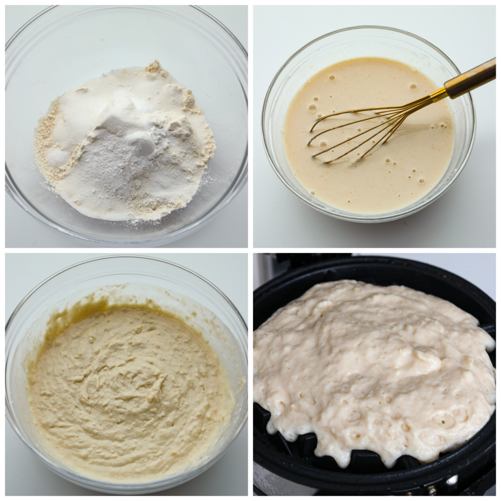 Buttermilk waffles are a classic breakfast recipe that is a family favorite! Fluffy and light on the inside with a crispy golden outside...buttermilk just makes everything better! 4-photo collage of waffle batter being prepared and cooked.