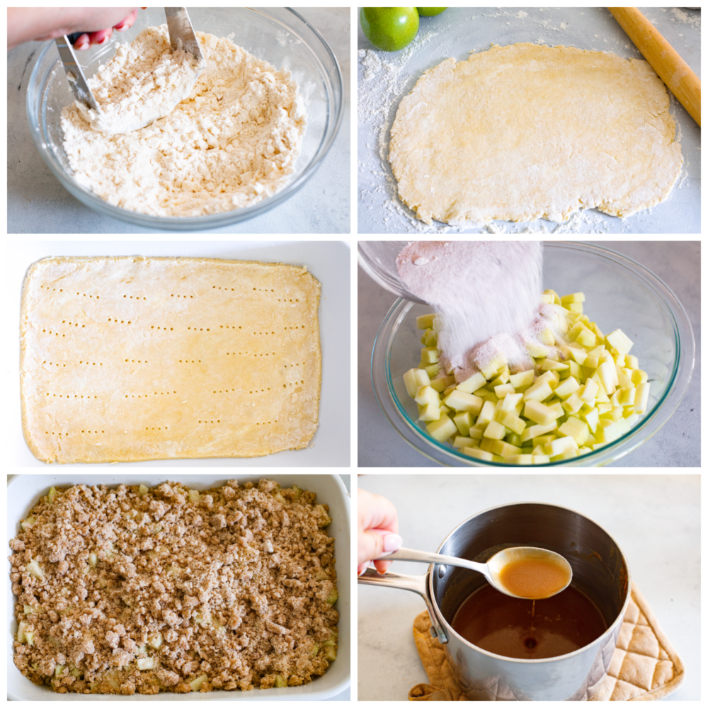 These dutch caramel apple pie bars have a flaky pie crust base with spiced apples and a buttery crumb topping. Drizzled with some homemade caramel, these will be one of the best desserts that you make this fall! 6 pictures showing how to make the crust, filling and crumb and caramel topping.