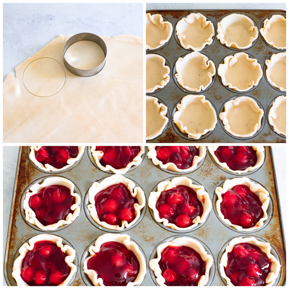 These mini cherry pies are perfect for any occasion! They have a flaky crust and a delightful cherry center that will definitely make you want to devour more than one! 3 pictures showing how to cut the crust, put them into a muffin tin and add the cherry filling.