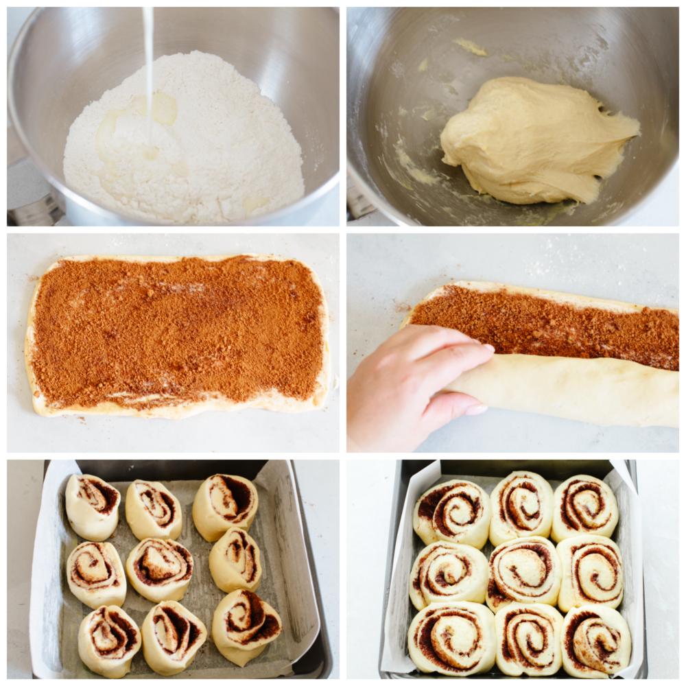 Quick 45 Minute Cinnamon Rolls is made with homemade dough, filled with groundย cinnamon and a brown sugarย mixture rolled and baked in less than an hour. Drizzle a sweet glaze over top making this the VERY BEST holiday breakfast! 6 process pictures showing how to make 45-minute cinnamon rolls. They show how to make the dough, spread it out,, roll them up and place them in a pan with parchment paper.