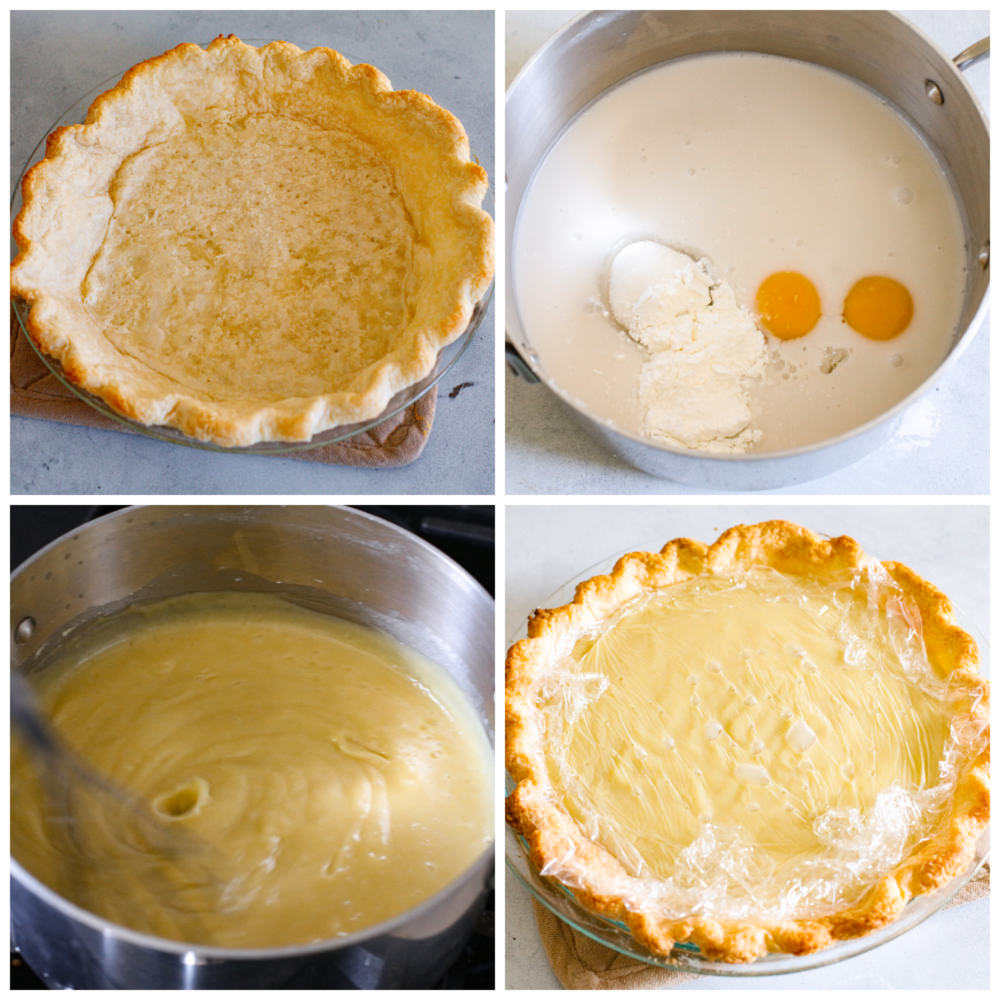 The custard filling is made with coconut milk and coconut extract for big coconut flavor, and it's poured into a simple homemade pie crust. It's cool and creamy and perfect for Spring! I 4 pictures showing how to assemble a coconut cream pie.