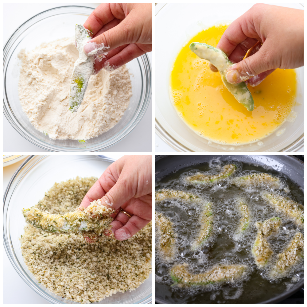 These delicious fried avocado tacos are a great option for a meat-free version of taco night! They're crispy, creamy, and topped with fresh veggies, cotija cheese, and cilantro lime dressing. 4-photo collage of avocado fries being battered.