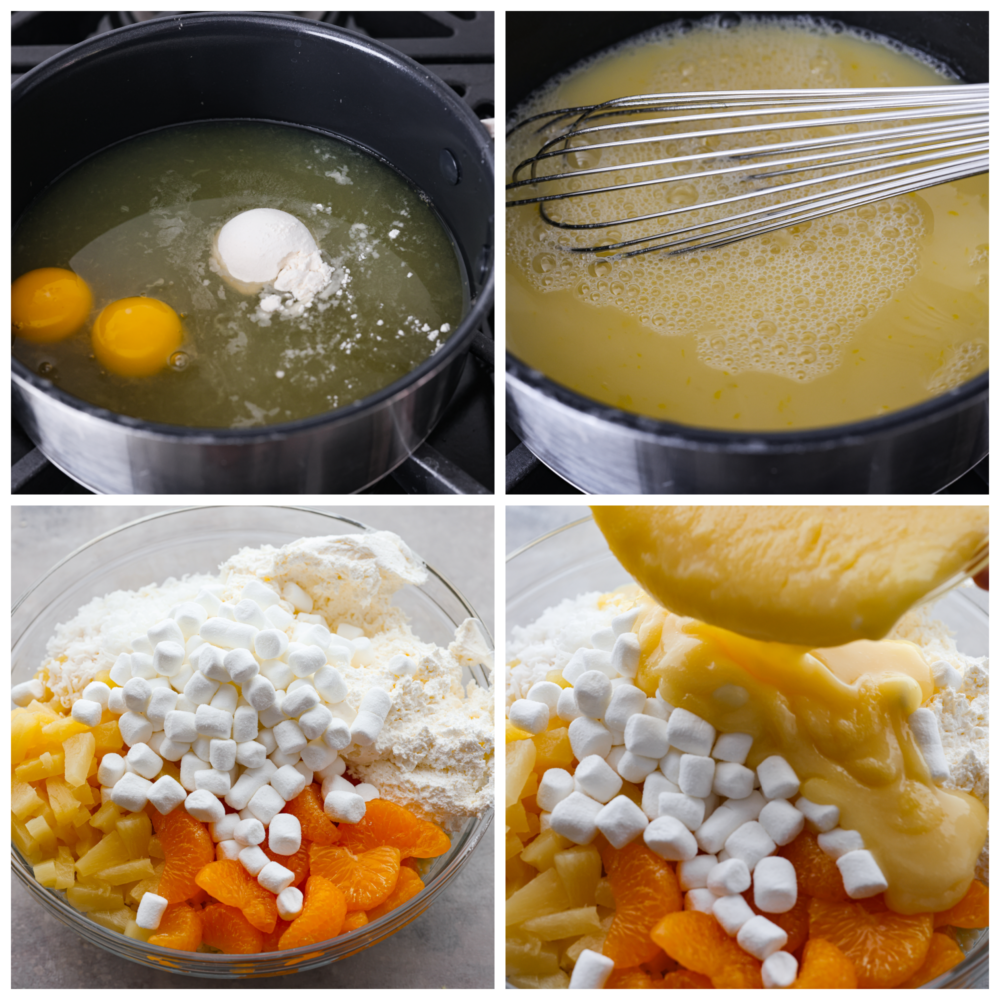 This delicious frog eye salad is creamy, fluffy, and filled with pineapple, mandarin oranges, and marshmallows. It is perfect for bringing to any gathering or potluck. Trust me when I say this will fly off the table! 4 pictures showing how to make the base of the salad, add in the ingredients and mix it all together.