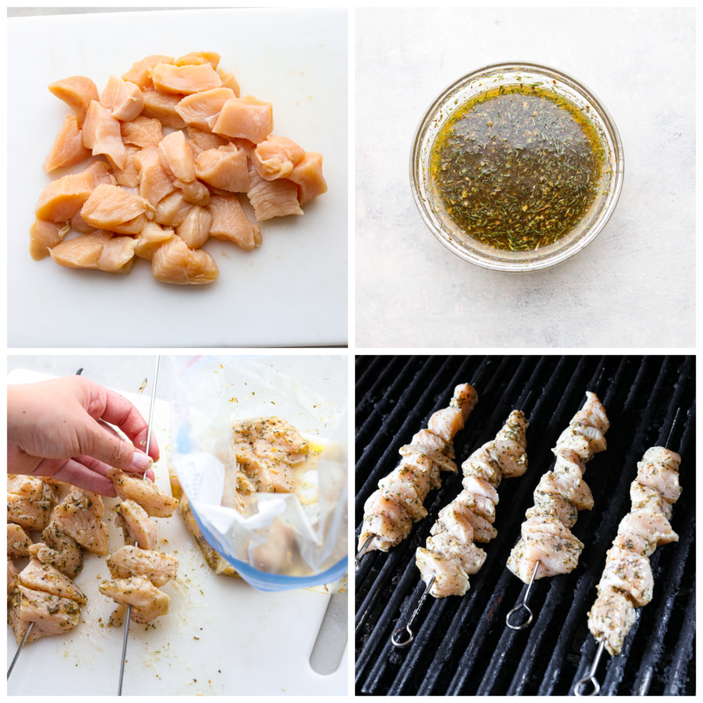 Making homemade chicken souvlaki is the best way to bring the flavors of Greek street food straight to your kitchen! These chicken skewers are juicy and coated with an amazing herb marinade. 4-photo collage of chicken skewers being assembled and marinated.