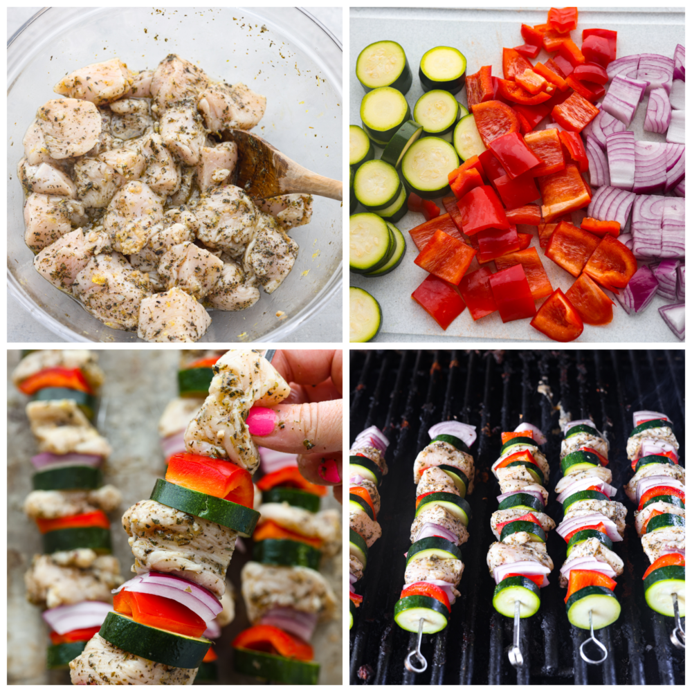 Tender Greek-flavored chicken grilled together on a skewer with fresh crisp vegetables. The Mediterranean marinade perfectly seasons these Greek chicken kabobs and transports your tastebuds to the streets of Greece. Four process photos of making Greek chicken kabobs. The first photo is the bowl of chicken pieces marinating. The second photo is the chopped vegetables. The third photo is threading the chicken and vegetables onto the skewers. The fourth photo is of the kabobs cooking on the grill.