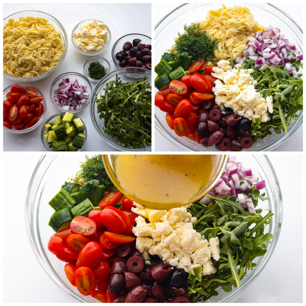 If you are looking for a delicious salad full of flavor and packed with different textures, then this Greek orzo salad is for you! Vegetables and arugula drizzled with a lemon vinaigrette combine to make the most delicious and refreshing taste! 3 pictures showing the salad ingredients and then combining them into a bowl and pouring on the dressing.