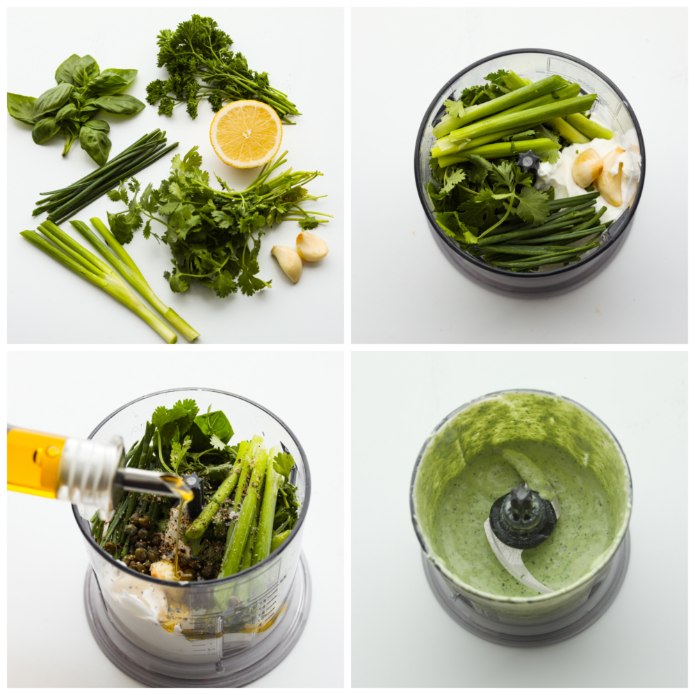 Creamy green goddess dressing is healthy and bursting with so many vibrant flavors! The combination of fresh herbs, Greek yogurt, garlic, and lemon create an irresistible dressing and dip. Four process photos of how to make green goddess dressing. The first photo is of herbs, garlic, and lemon. The second photo is all of the ingredients added into a food processor. The third photo is olive oil being poured into the food processor. The fourth photo is a top view of the blended green goddess dressing in the food processor.