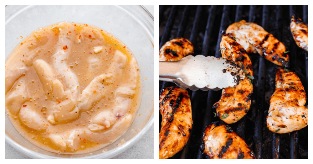 Juicy and flavorful, these 4-ingredient grilled chicken tenders are going to be your favorite thing to cook up this summer! They have a delicious honey lime glaze you'll be licking off your fingers! 2-photo collage of chicken being marinated and then added to the grill.