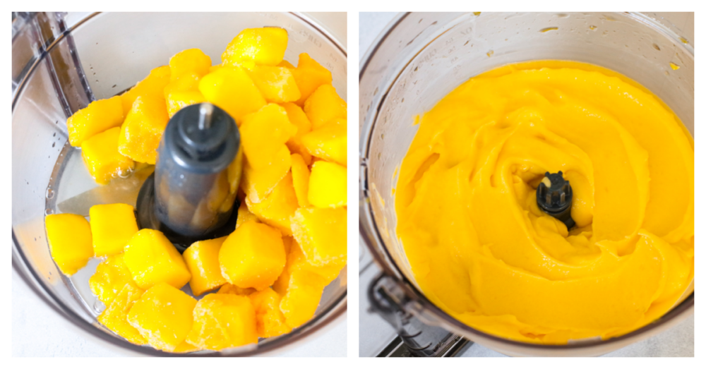 Get ready for the most refreshing homemade sorbet that you have ever had with this perfect recipe! Silky smooth, packed full of flavor, and a delightful dessert for any occasion, this will knock your socks off! 2 pictures of frozen mangos being pulsed in a blender.