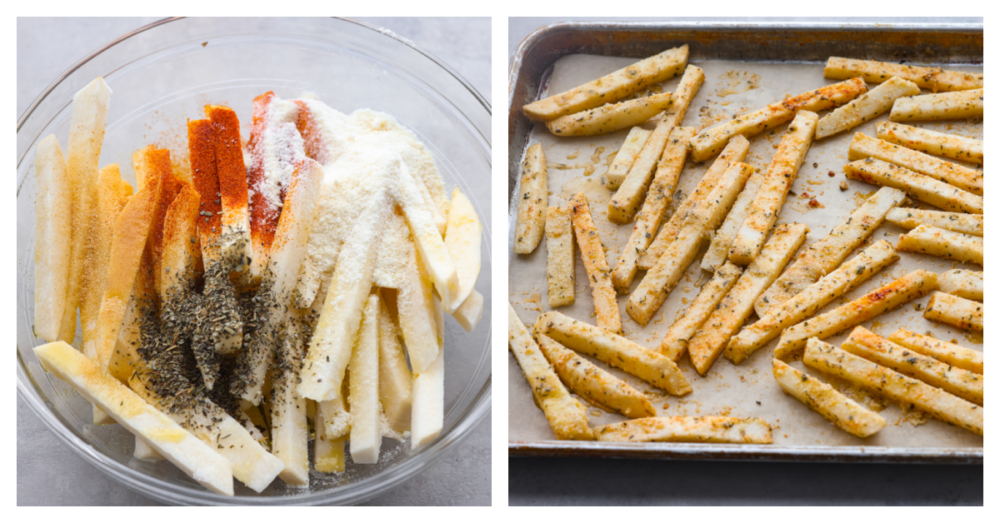 These delicious baked jicama fries are a low-carb alternative to French fries and are coated with savory seasonings! They're oven-roasted for that perfect crispy, golden brown outer layer. 2-photo collage of raw jicama slices being seasoned and added to a baking sheet.