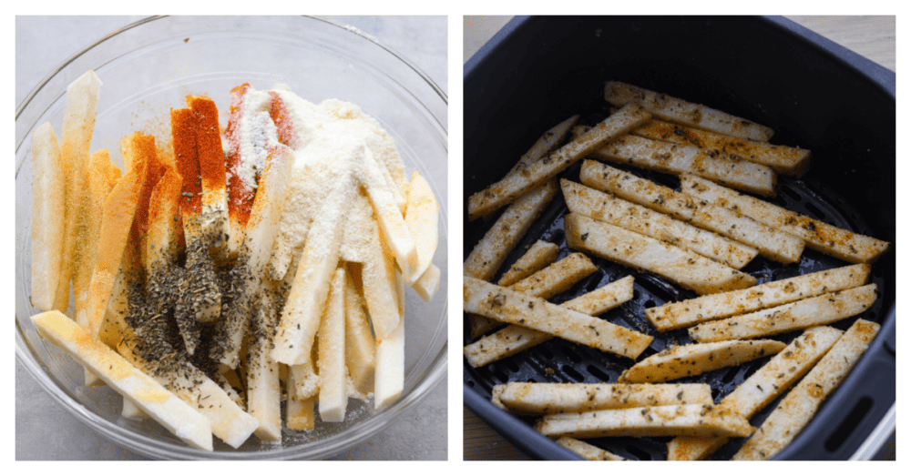 Crispy air fryer jicama fries are a surprisingly tasty and healthy alternative to fries. Enjoy seasoned low-carb fries that are both nutritious and delicious! First photo is sliced jicama sticks in a large clear bowl. The seasonings and spices are sprinkled on top of the jicama. The second photo is the seasoned jicama scattered in the air fryer ready to be air fried.