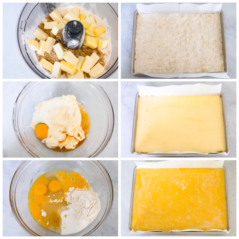 These are the most delicious and creamy lemon cheesecake bars. They have a buttery shortbread crust with a cheesecake and lemon layer and are dusted with powdered sugar. They are the perfect dessert! 6 process pictures showing how to make the crust, the cheesecake layer and the lemon layer.