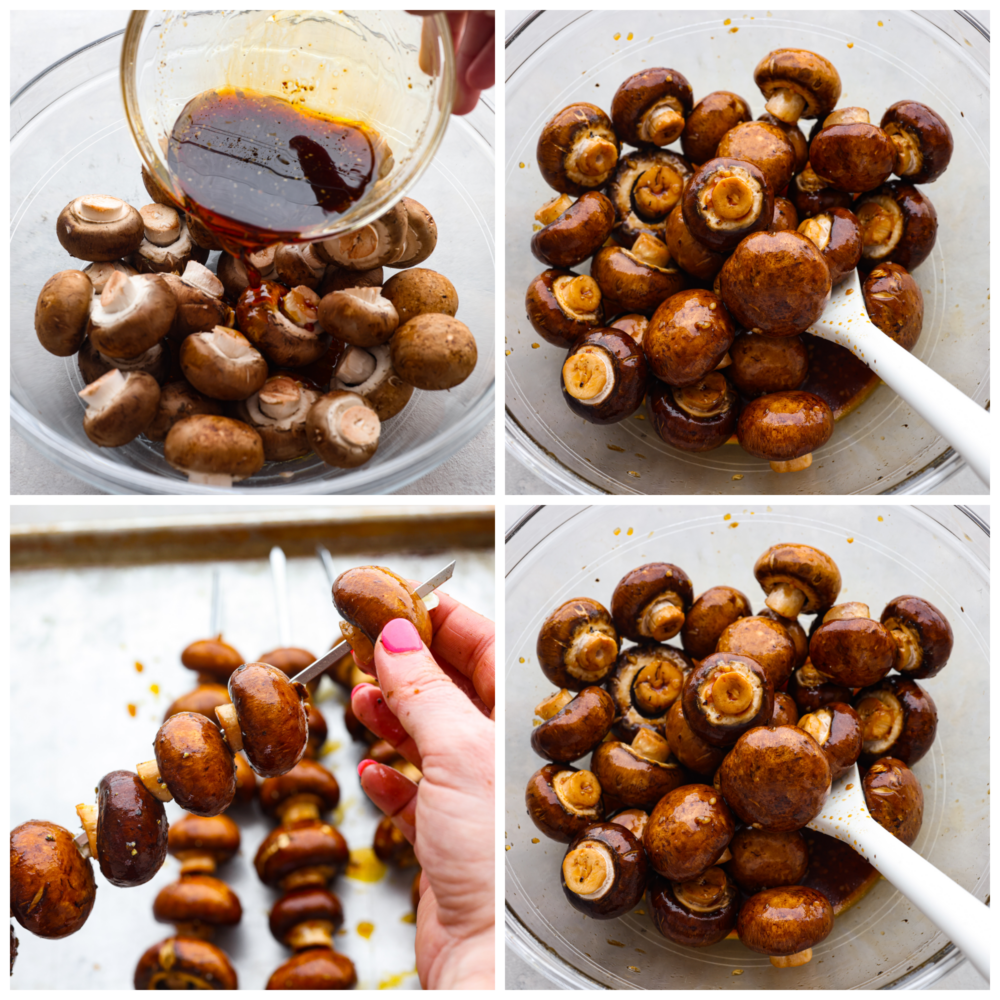 These vegan kabobs are the most delicious side dish that you MUST try! These grilled honey soy mushroom skewers are the perfect side dish for any entree, and you won't be able to stop at just one! 4 pictures showing how to marinate mushrooms, add them to a skewers and prepare them to be cooked.
