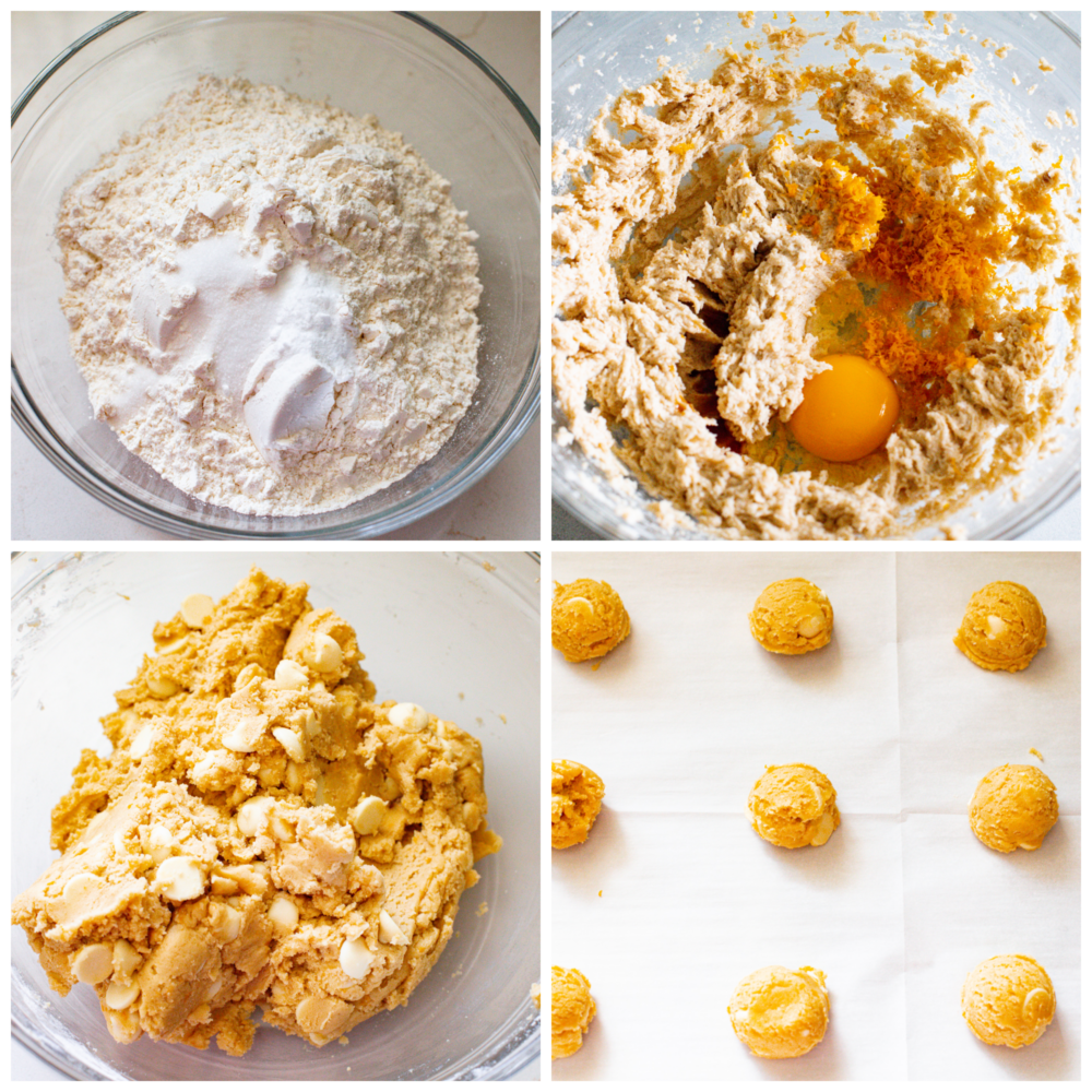 If you love orange creamsicles, you're going to LOVE these cookies! They're soft, buttery, and loaded with orange zest and white chocolate chips. 4-photo collage of cookies being prepared and shaped.