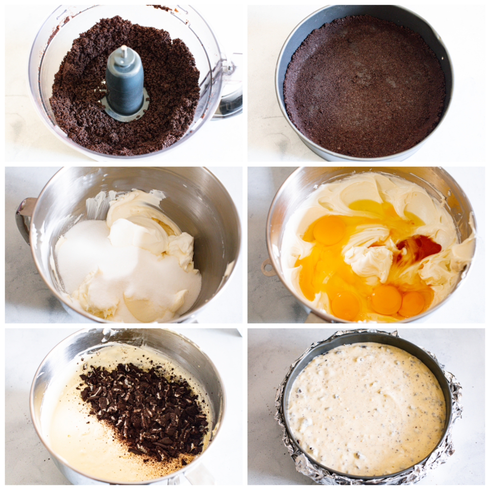 Let your teeth sink into the most delectable, creamy oreo cheesecake that you have ever had! Silky and smooth with the perfect bite-sized oreo bits in every single slice, you won't be able to stop raving about this cheesecake! 6 pictures showing how to make the crust and filling and put it into a prepared pan, ready to be baked.